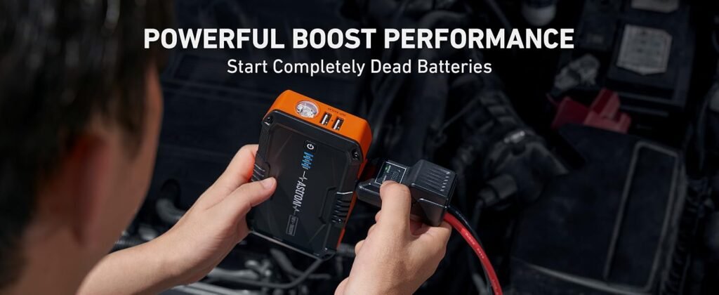 Close-up photo of the AstroAI S8 Jump Starter in use, featuring the message "Powerful Boost Performance" to highlight its ability to start completely dead batteries