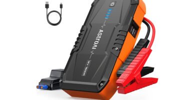 Image of the AstroAI S8 Jump Starter in black and orange, including jumper cables and a USB-C charging cable