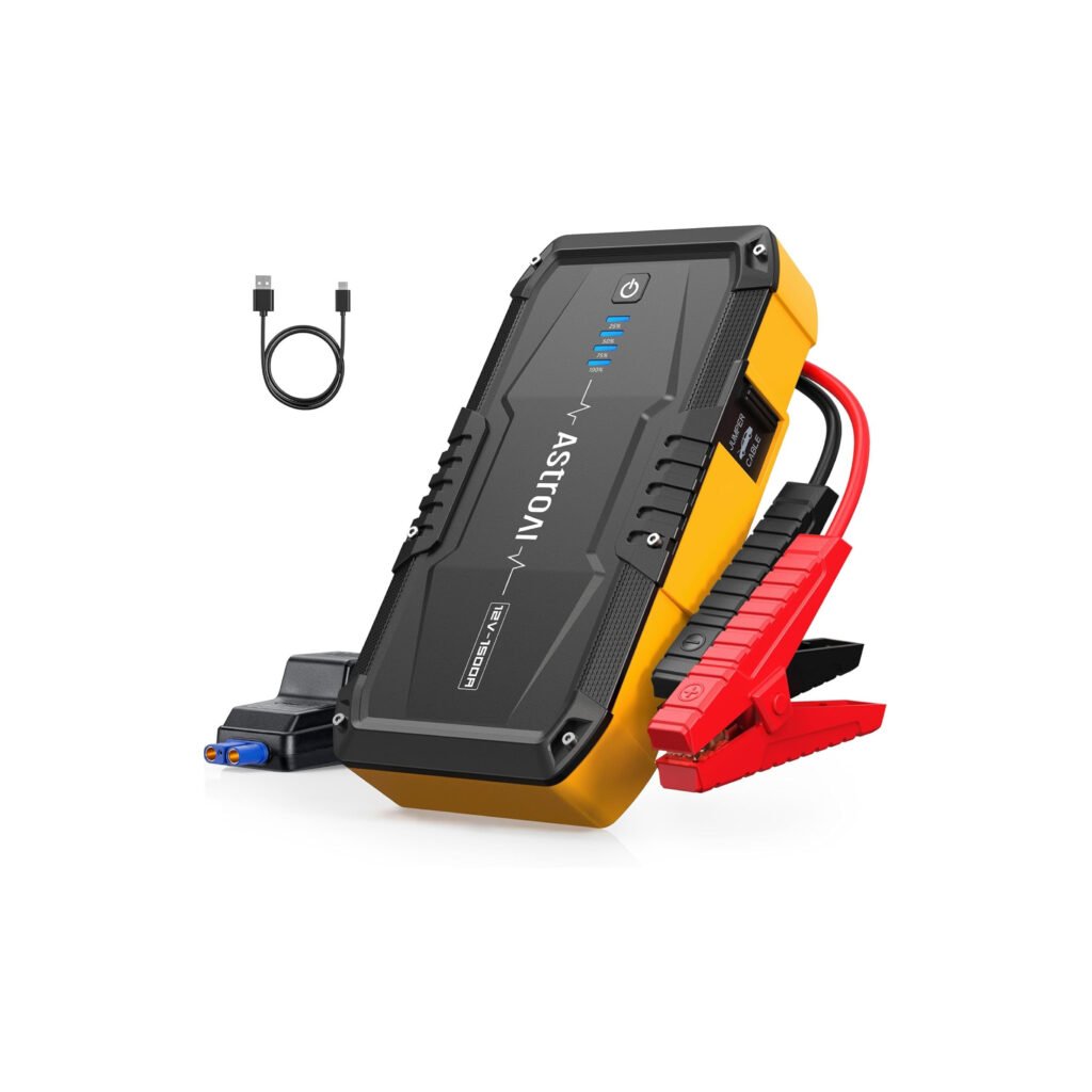 Image of the AstroAI S8 Jump Starter in yellow, with jumper cables and a USB-C charging cable
