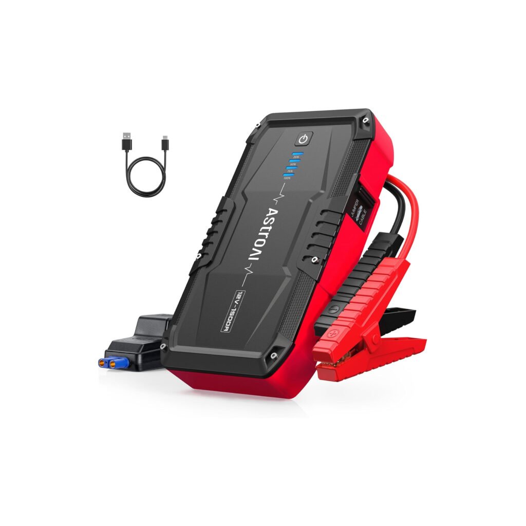 Image of the AstroAI S8 Jump Starter in red, with jumper cables and a USB-C charging cable