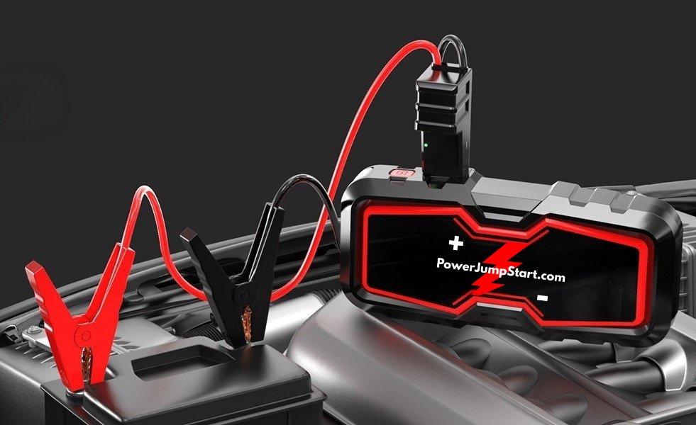 Jump starter connected to a car battery with PowerJumpStart.com branding – Explore top jump starter brands for reliable power solutions
