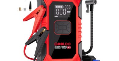 GOOLOO A3 Jump Starter with Air Compressor, 3000A peak power, 150 PSI tire inflator, smart clamps, and digital display