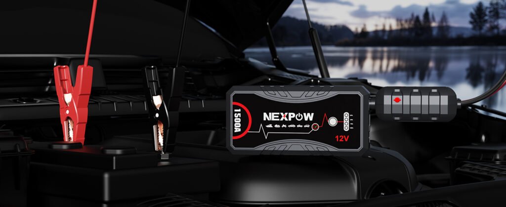 NEXPOW Q10S in action: jump-starting a vehicle battery near a lake, ensuring reliability in any setting