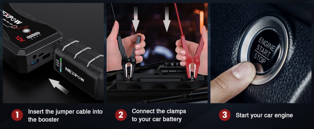 How to use the NEXPOW Q10S: connect the jumper cable, attach clamps to the car battery, and start the engine