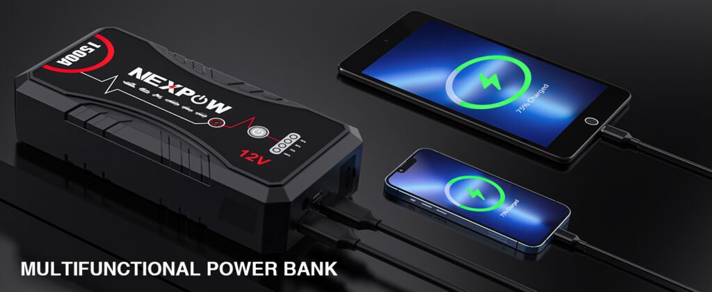 NEXPOW Q10S jump starter used as a power bank, charging phones and electronic devices via USB ports
