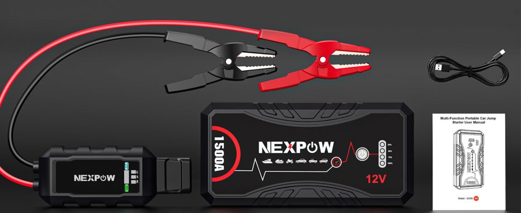 NEXPOW Q10S package contents: jump starter, smart clamps, USB-C cable, and user manual