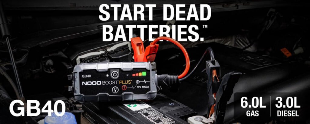 NOCO GB40 jump starter connected to a car battery – Revive dead batteries in seconds with 1000A peak power