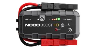 NOCO GB70 Boost HD jump starter with 2000A capacity and a compact design, ideal for jump-starting vehicles up to 8.0L gas and 6.0L diesel engines