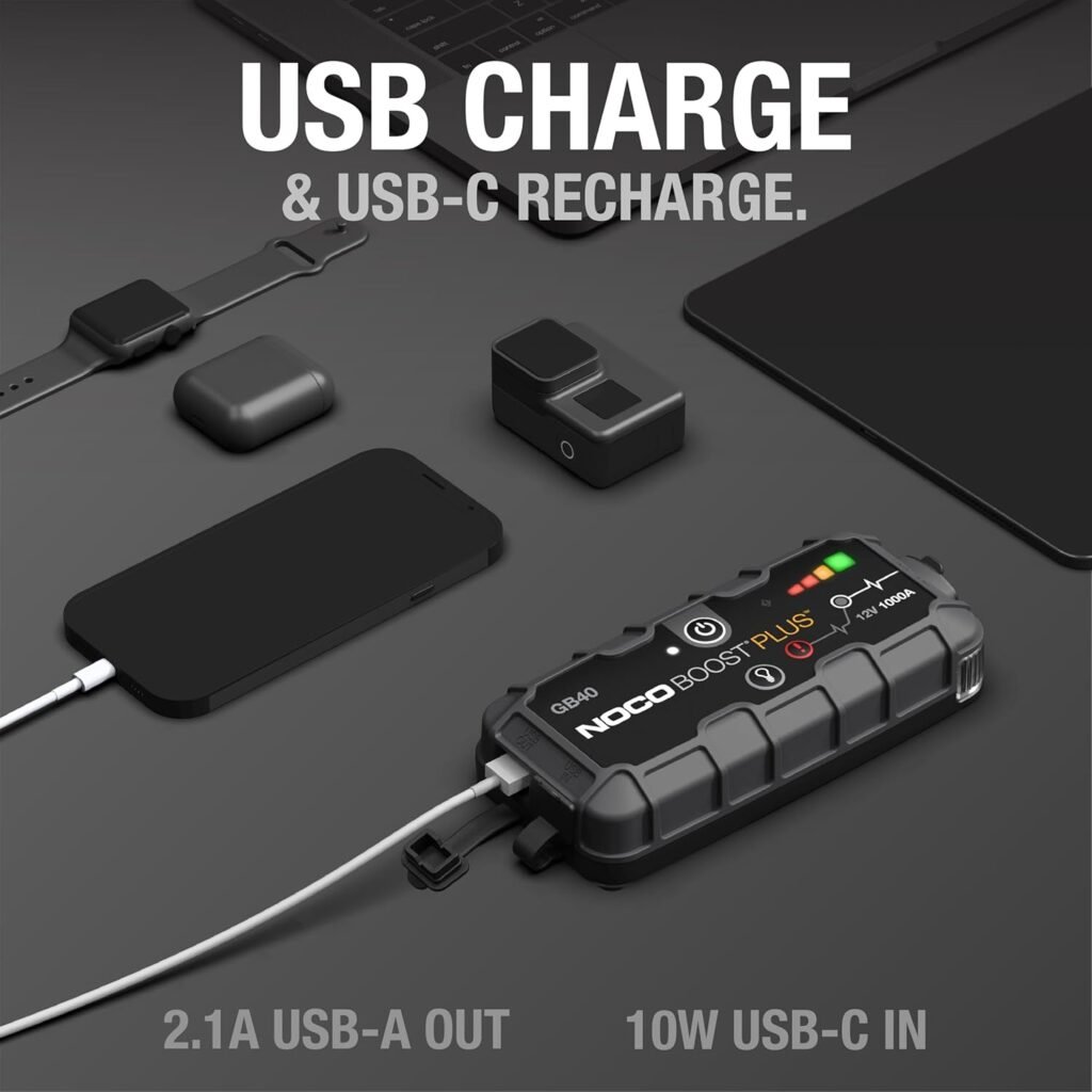 NOCO GB40 Jump Starter charging multiple devices via USB-A and USB-C outputs