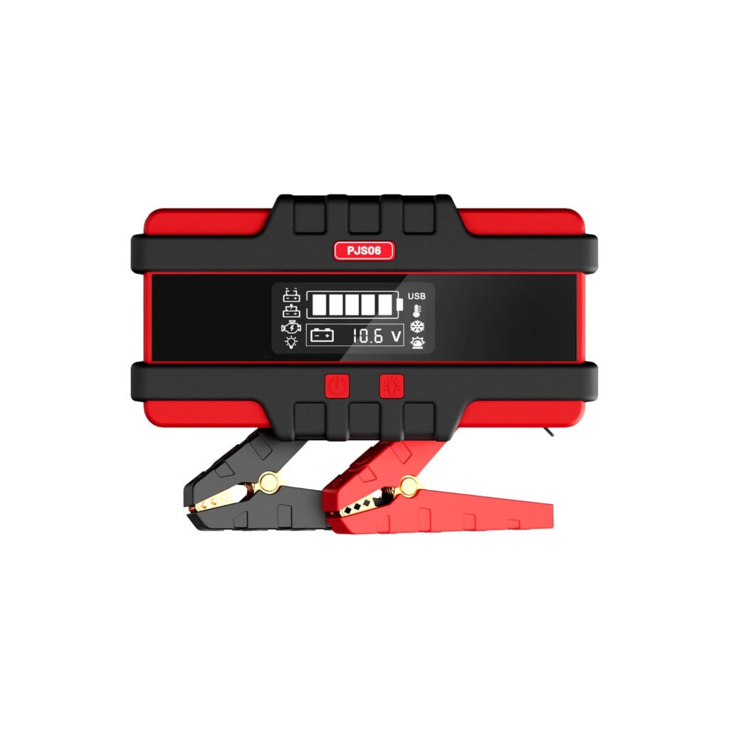 SAFEMATE PJS06 Jump Starter with LCD display showing battery voltage and charge status. Compact and durable design with smart jumper cables