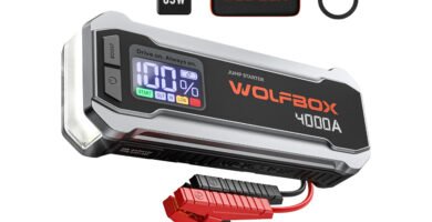 WOLFBOX 4000A Principal Image – A close-up of the WOLFBOX 4000A jump starter, showcasing its digital display, red and black clamps, and sturdy design. Also includes a 65W wall charger, USB-C cable, and a carrying case