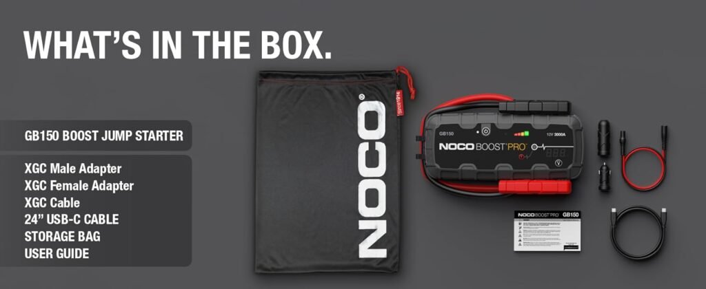 Complete NOCO GB150 package including jump starter, USB-C cable, adapters, storage bag, and user guide.