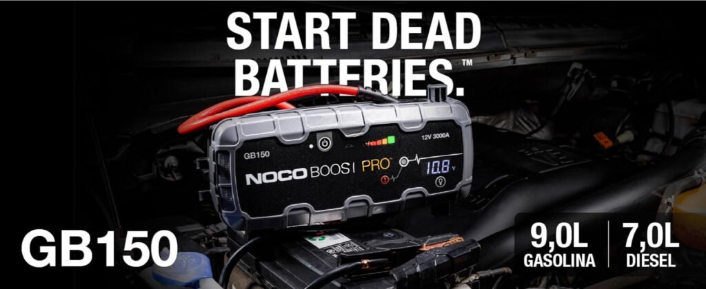 NOCO GB150 jump starter being used under the hood of a vehicle, showing its power in starting dead batteries.