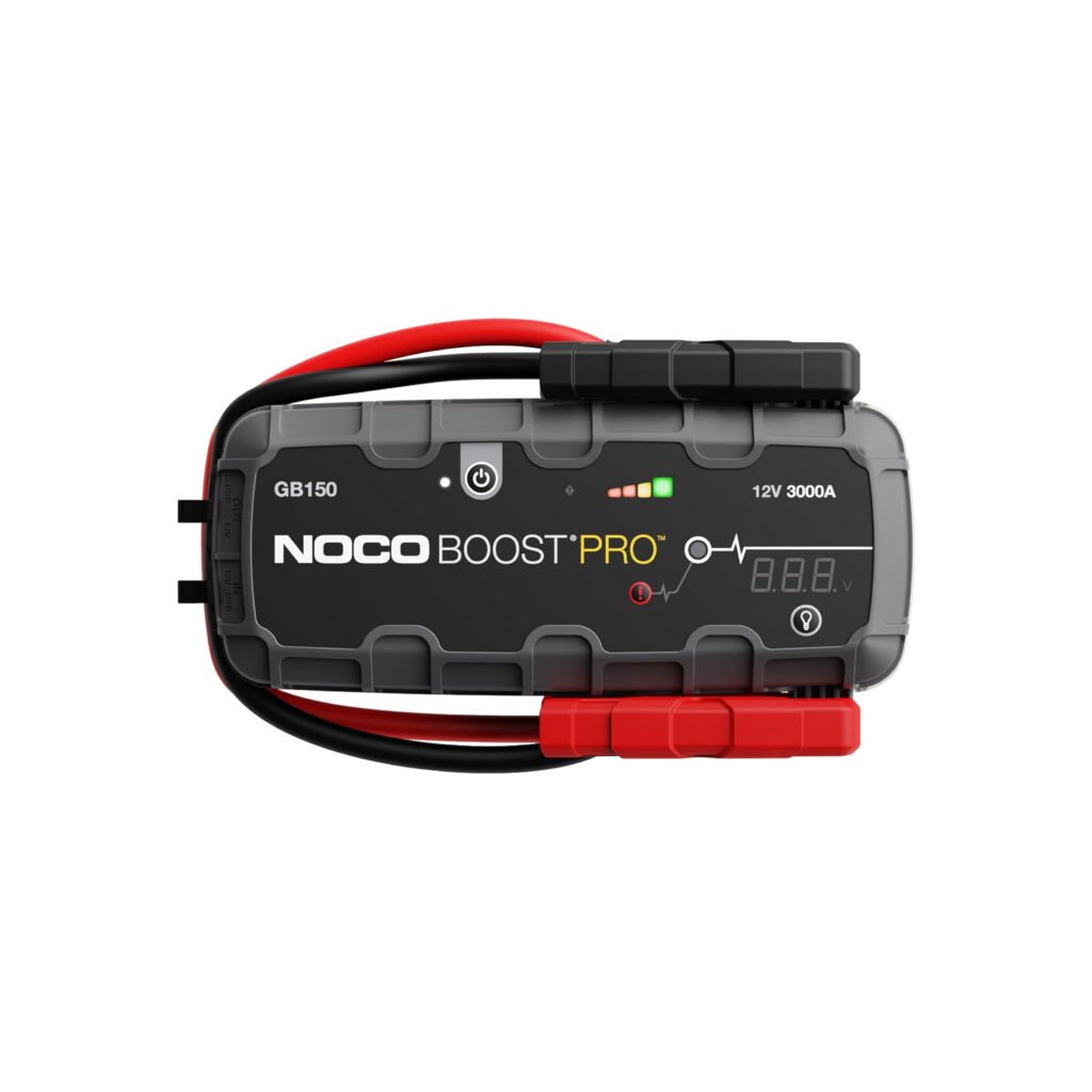 Front view of the NOCO GB150 Boost Pro 3000A jump starter with heavy-duty clamps and LED indicators.