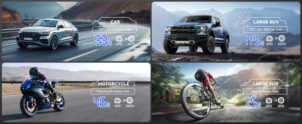 Performance comparison: ACEZUK M05 inflating different tires – car, SUV, motorcycle, and bicycle inflation times shown.