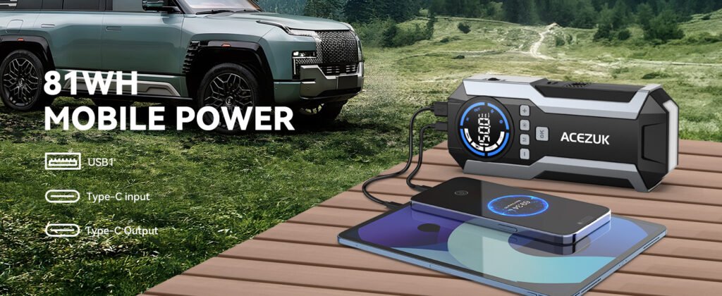 ACEZUK M05 used as 81Wh mobile power bank – charging smartphones and tablets via USB and USB-C ports on the go.