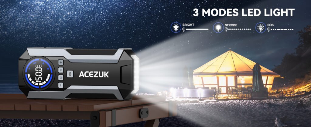 ACEZUK M05 LED flashlight with three modes – Bright, Strobe, and SOS – ideal for nighttime emergencies or camping.