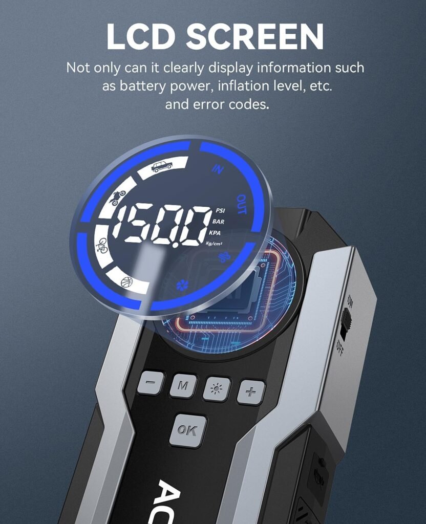 Close-up of ACEZUK M05 LCD screen – real-time readouts for PSI, battery status, and error codes in a sleek, high-contrast design.