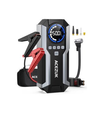 ACEZUK M05 jump starter with air compressor, smart clamps, LCD screen, USB ports, and carrying case – all-in-one roadside emergency kit